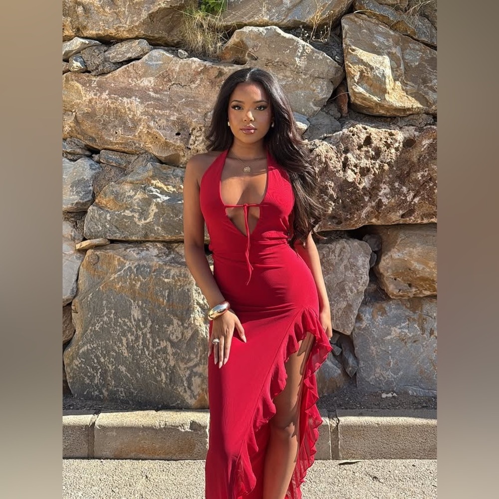 White Fox Boutique Red Halter Maxi Dress with Ruffle Slit - Picture 4 of 14